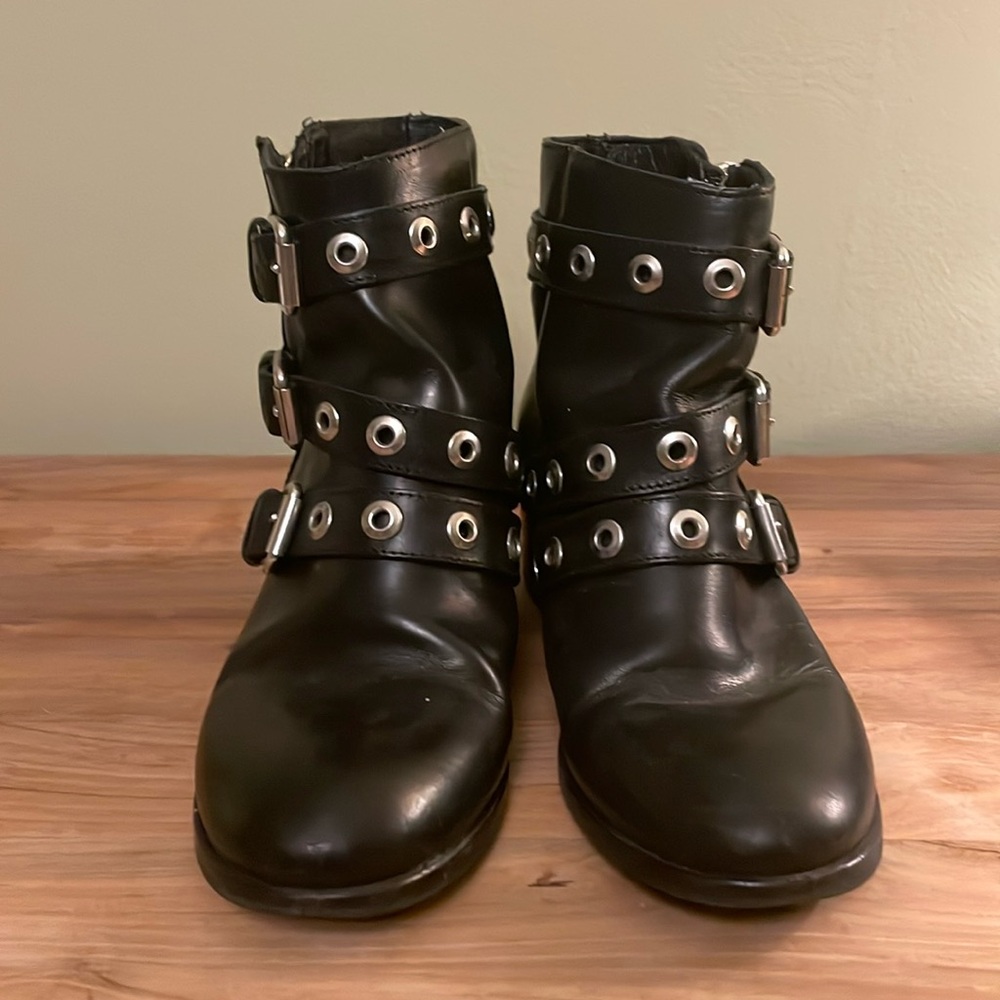 Diesel Black Gold biker heeled ankle boots with silver grommets and buckles